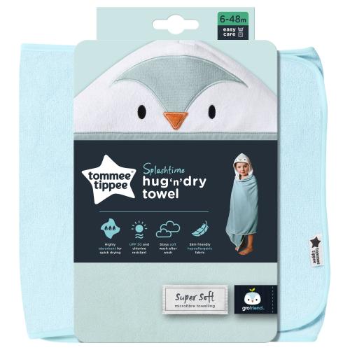 Tommee Tippee Splashtime Hug n Dry Towel Κωδ CBA1017 Πετσέτα Μπάνιου με Σχέδιο & Κουκούλα, που Στεγνώνει Γρήγορα 6-48m 1 Τεμάχιο - Percy the Penguin